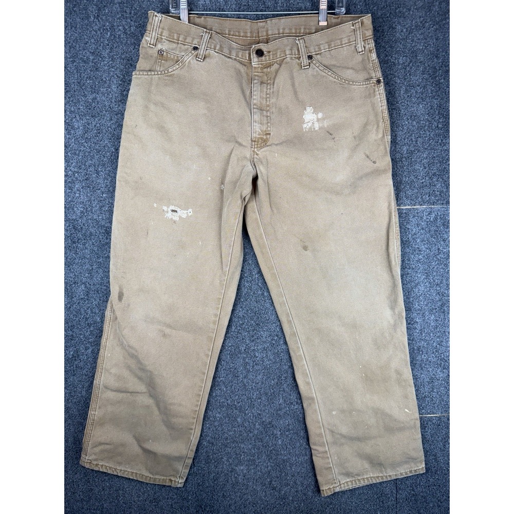 Vintage 90s Dickies Brown Faded Paint Canvas Carpenter Workwear Pants 36x30